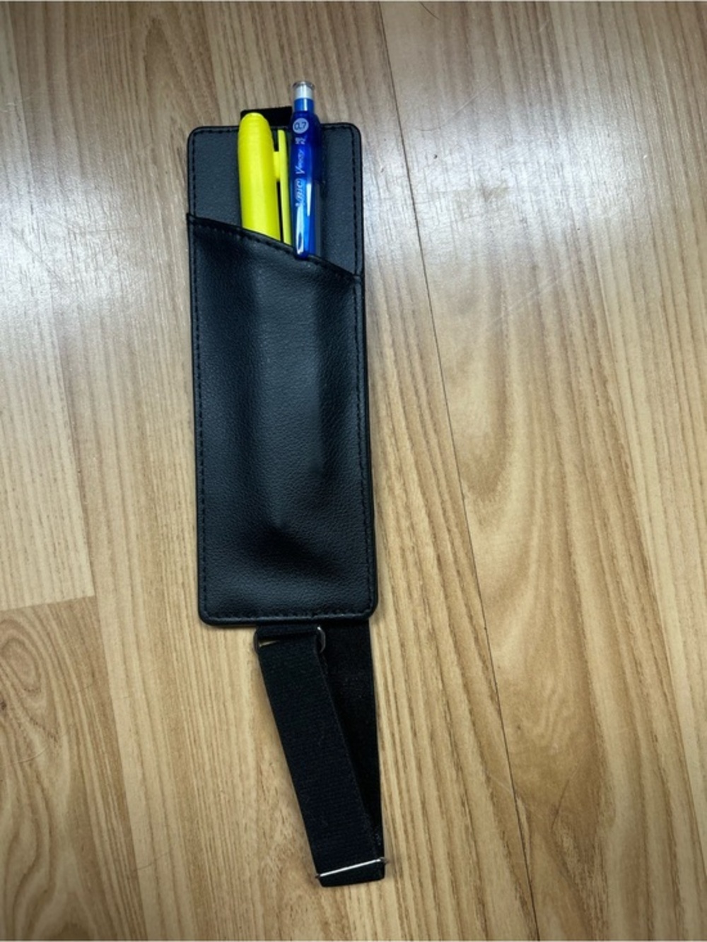 Black Leather Pen Holder Strap with Pocket